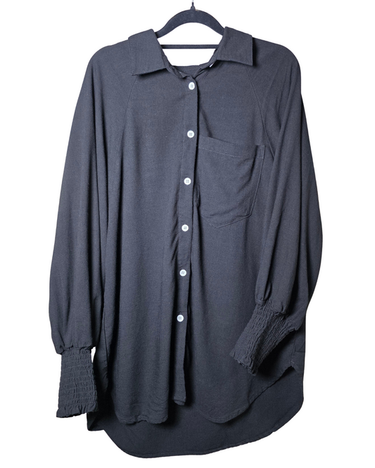 Smocked Linen Button Down Blouse